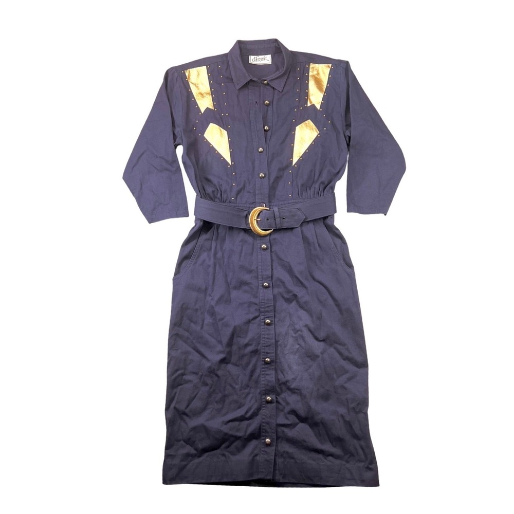 Vintage d.Frank Navy Blue Western Studded Gold Metallic Belted Midi Dress Womens